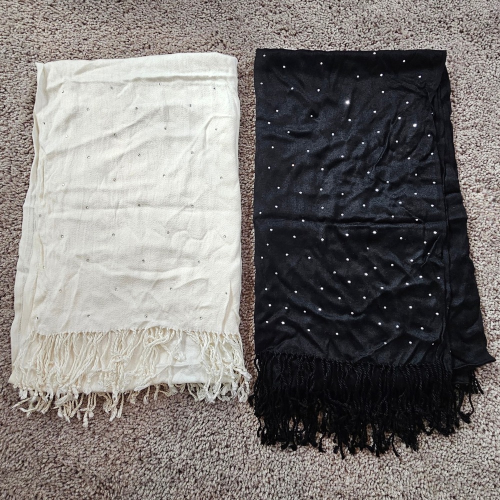 Sparkle Scarves Set of‎ 2 Black Cream Rhinestone Fringe Fashion Accessories